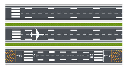 Airport runway. Aircraft road line top view. Taking off and landing plane. Airfield with markers and numbers for planes. Air transport, airline terminal. Vector illustration © Foxy Fox