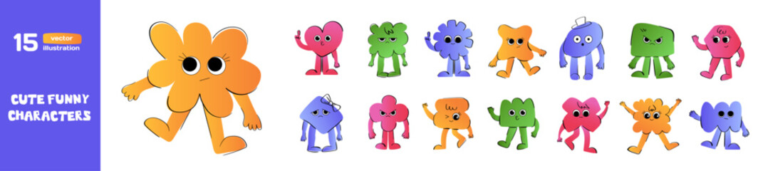 Obraz premium A cute, colorful set funny abstract geometric mascot characters bundleof geometric cartoon characters with funny faces. A playful, abstract collection of mascots for children's designs and stickers.