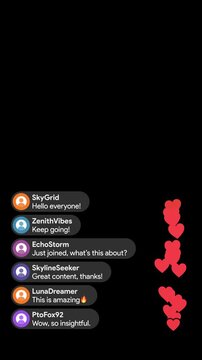 Live stream chat animation overlay with floating heart likes, like fountain and viewer messages appearing for instagram social media broadcast template. Transparent background MOV with alpha