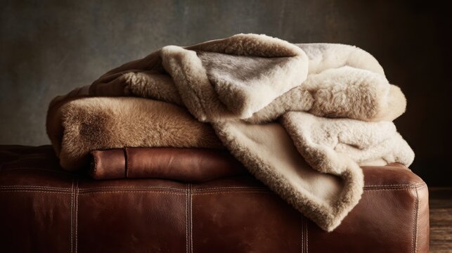 Luxurious Shearling Sheepskin Blanket Draped Over a Rich Brown Leather Sofa