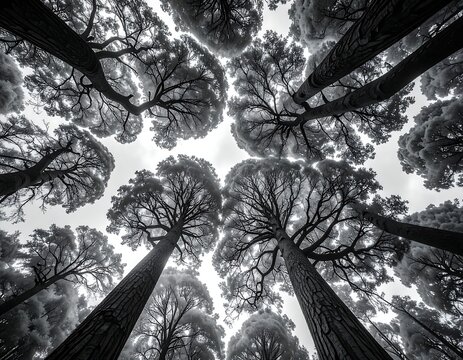 Black and white forest canopy trees.
