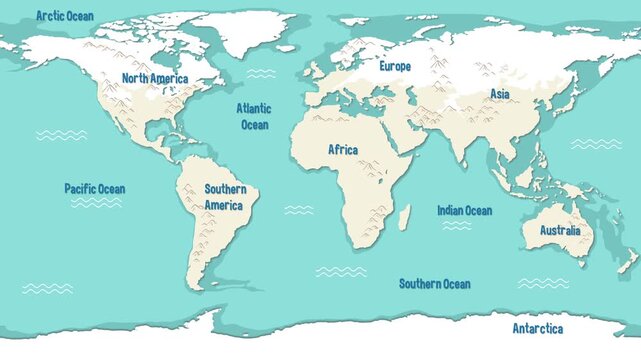Animation of world map with continents and oceans, showing whale migration routes and breeding grounds in motion.