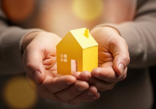 Hands gently holding a miniature illuminated house model symbolizing home ownership or real estate.