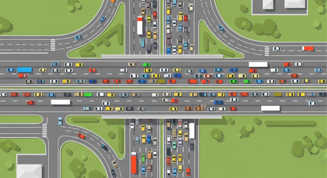 Aerial view of a massive traffic jam on a highway interchange.