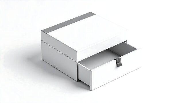 White box with gray stripe, open drawer