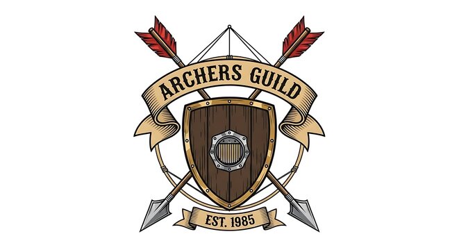 A logo for the Archers Guild featuring a shield and arrows