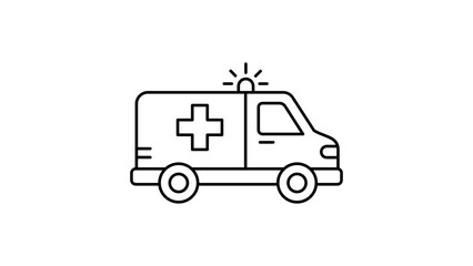 Minimalist black line vector icon of an ambulance side view on a white background. This clean, scalable illustration features a medical cross and emergency siren for healthcare and first aid use. © CHAMPA
