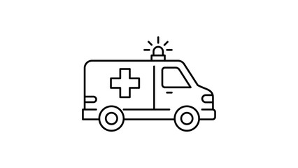 Minimalist black line vector icon of an ambulance side view on white background. Clean outline illustration of a medical emergency vehicle with siren and cross symbol for healthcare design. © CHAMPA