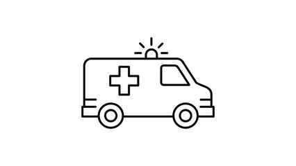 Minimalist black line vector icon of an ambulance side view on a white background. Scalable illustration for medical emergency, healthcare, and first aid concepts. Clean outline graphic design. © CHAMPA