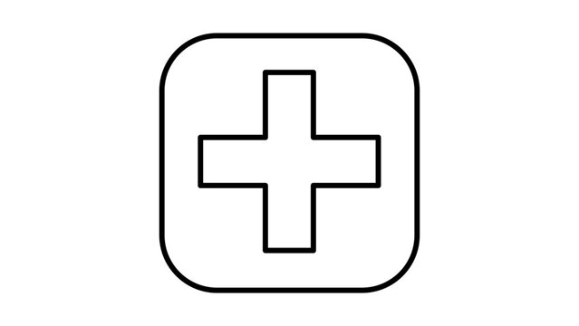 Minimalist black line vector icon of a hospital cross or medical plus sign inside a rounded square frame, clean outline illustration for healthcare, first aid, pharmacy, and clinic branding.