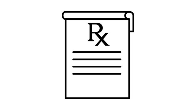 Medical Prescription Pad Vector Icon Illustration: A minimalist black line drawing of a doctor's note with the Rx symbol and text lines on white background. Scalable graphic for healthcare.