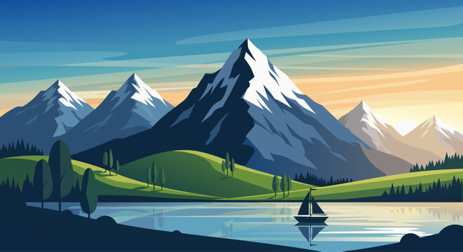 Sailboat drifting near snowcapped mountains at sunrise