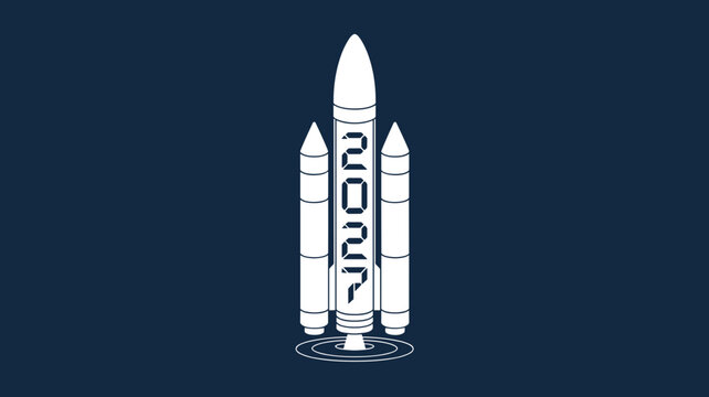 Vector reusable rocket booster with 2027 on navy sky - for aerospace exploration visuals
