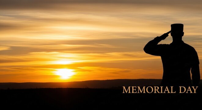 Memorial Day soldier silhouette saluting at sunset, military veteran honoring fallen heroes, patriotic golden hour landscape with memorial day text
