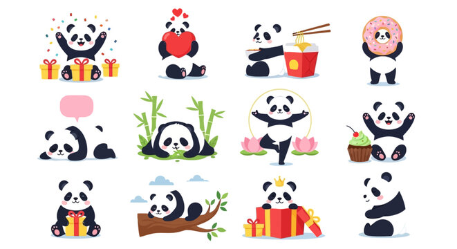 Set of cute panda bear characters in various poses eating food and celebrating