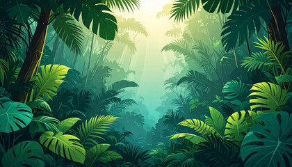 Fototapeta premium Misty jungle layers with exotic leaves and tranquil depth. Humid wilderness foliage creating secluded escape feeling. Tropical greenery artwork for resort luxury promotion