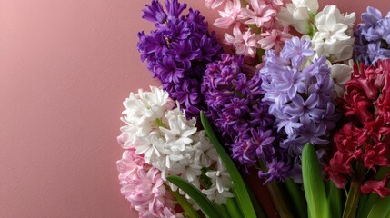 Obraz premium Fresh hyacinth flowers rest on a pink background, providing space for text on the bottom left side