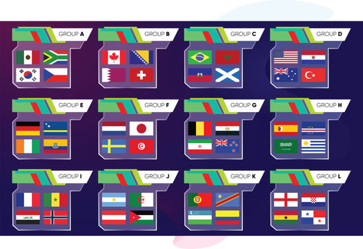 2026 World Football Tournament Group Stage Draw Infographic with National Teams Flags and Complete International Soccer Championship Groups Table Template