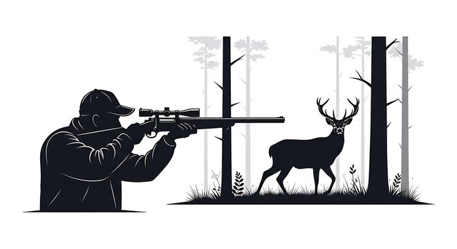 A hunter aims a rifle at a deer in a forest