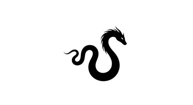 Silhouette of a mythical dragon, black on white background, minimalist design, fantasy creature