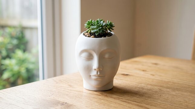 Succulent plant in a head-shaped pot on a table