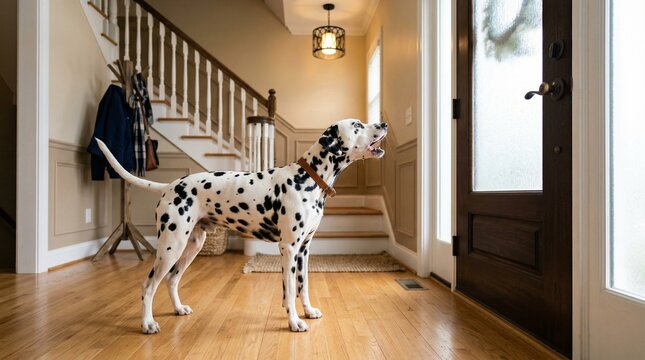 A Dalmatian barking near the front door in a house hallway for home security and domestic pet behavior articles.