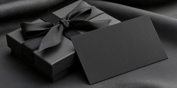 card mockup on a black obsidian surface next to a black box with a wide black satin bow "Postcard mockup, cardmockup, greetingcard, giftcard"