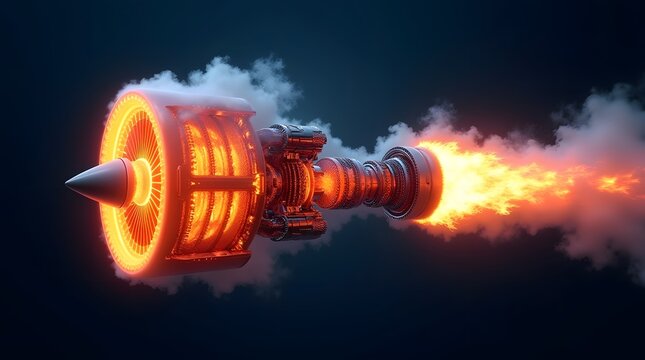 Futuristic Jet Engine Design with Flames and Motion Effects Against Dark Background