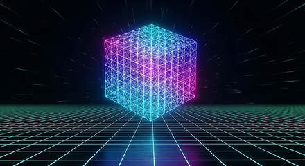 Abstract futuristic cube structure glowing with neon colors on a digital grid background