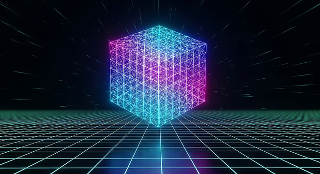 Abstract futuristic cube structure glowing with neon colors on a digital grid background