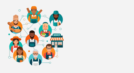 Fototapeta premium Diverse community network connection vector illustration with small business storefront. People connecting digitally for local commerce and collaboration.