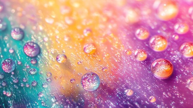 Colorful water droplets on vibrant surface, abstract background, nature macro