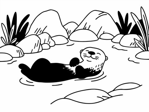 River otter floating on back among rocks and marsh plants