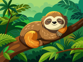 Fototapeta premium Sloth resting on tree branch in dense green tropical jungle