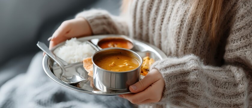 A woman serves an indian thali with rice, chicken, and vegetables while sharing a meal with others in a bright setting