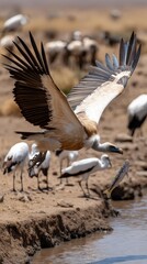Fototapeta premium Vulture stands with wings wide near water as it catches fish, demonstrating its hunting skills in a natural setting