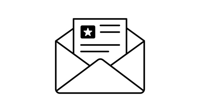 Minimalist black line vector icon of an open envelope with a newsletter document inside featuring a star symbol, representing email marketing, digital communication, and online subscriptions.