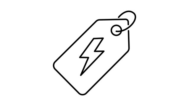 Minimalist black line vector icon of a price tag with a lightning bolt symbol, representing a flash sale, discount, or special offer, isolated on a white background for e-commerce and retail.