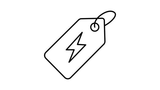 Minimalist black line vector icon illustration of a price tag featuring a lightning bolt symbol, representing a flash sale, limited time offer, or energy cost, isolated on a white background.