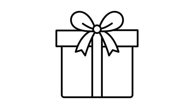 Minimalist black line vector icon illustration of a square gift box with a decorative ribbon bow, perfect for celebration, birthday, holiday, and surprise themes on a clean white background.