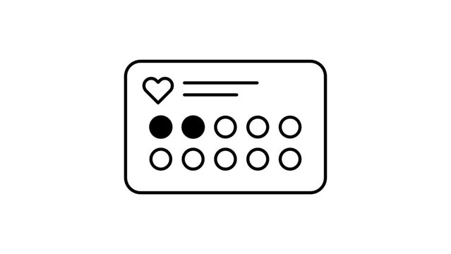 Minimalist black line vector icon illustration of a loyalty card on a white background, featuring a heart symbol and circular stamp slots for rewards and customer retention programs.