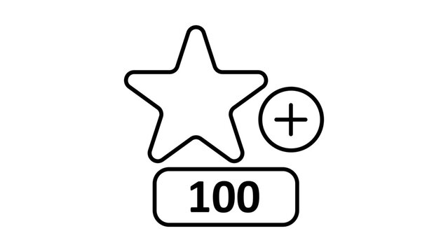 Minimalist black line vector icon illustration of a star with a plus sign and 100 points label, representing customer loyalty rewards, bonus achievements, and gamification for app UI design.
