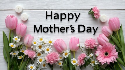 Naklejka premium A wide wooden table hosts pink tulips, daisies, and candles along with a gift box and a tag marking a special day for mothers