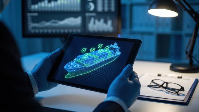 Digital Vessel Inspection with Maritime Trade Compliance on a Tablet Displaying 3D Graphics