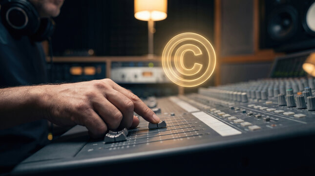 Adjusting Audio Mixer Sliders with Glowing Copyright Symbol in Professional Studio Setting