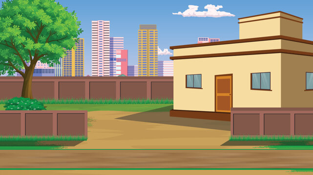 Grunge background illustrator a vibrant cartoon illustration of a small house with a city skyline in the background and a tree in the yard