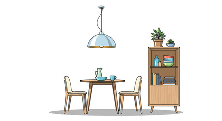 Fototapeta premium Fresh dining area design displays a round wooden table, two chairs, and a tall wooden cabinet with open shelves and books, illuminated by a light blue pendant lamp.