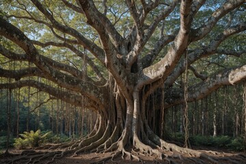 Fototapeta premium Ancient Banyan Tree with Expansive Roots and Branches in Lush Forest Landscape, Natural Wonder and Serenity