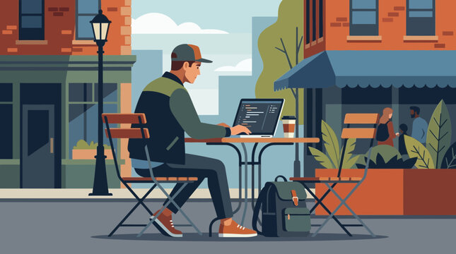 Young Programmer Working on Laptop at Outdoor City Cafe Illustration