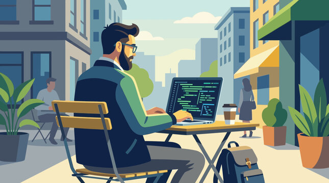 Digital Nomad Working on Laptop at Outdoor City Cafe Illustration